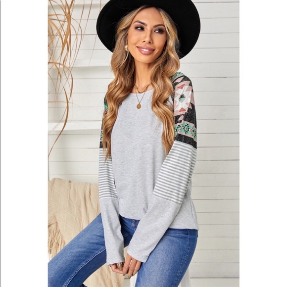 Gray Boho Aztec Chevron Shoulder Long Sleeve Tee - Picture 3 of 5